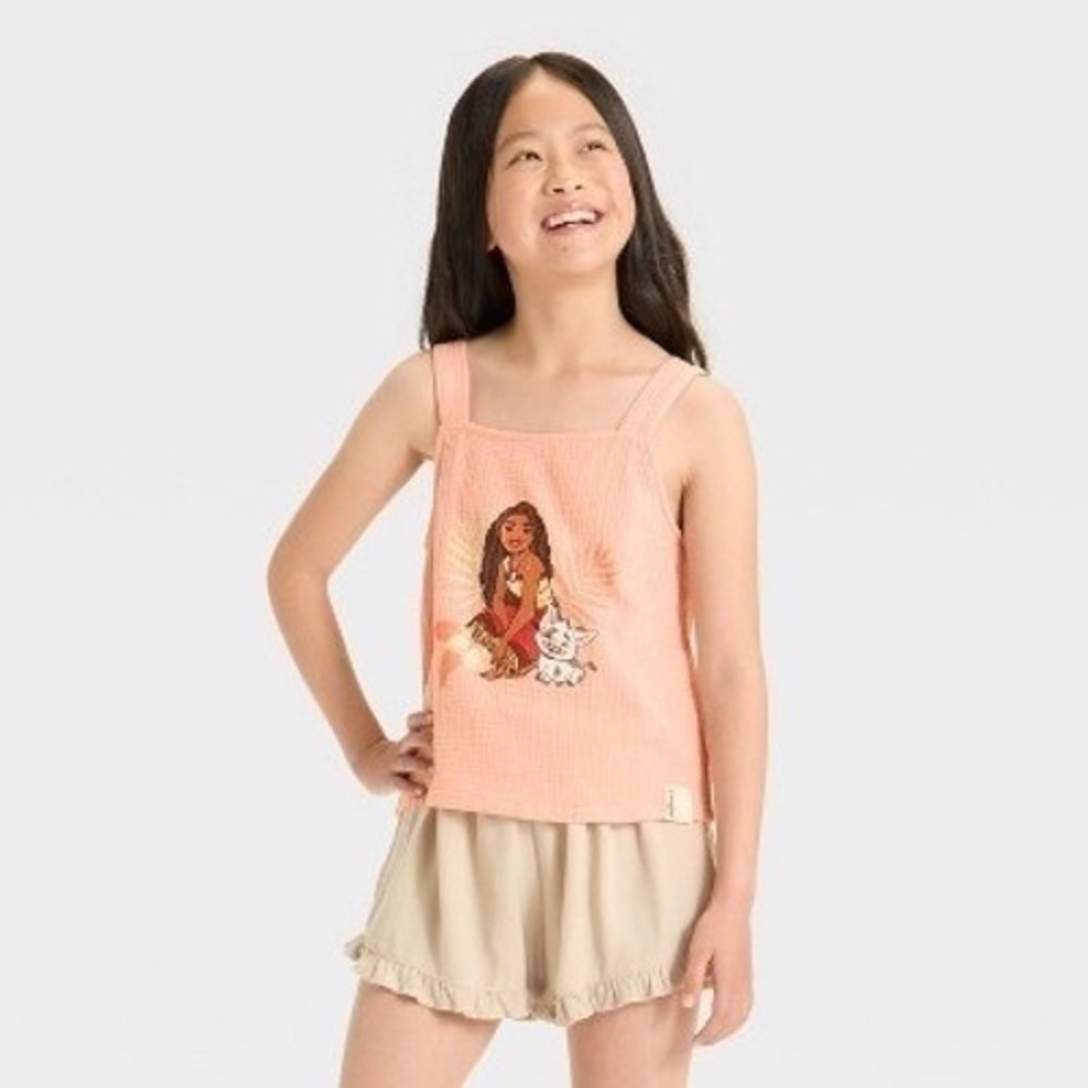 Disney‎ Moana Girls Orange Gauze Tank Top Moana & Pua Graphic Size 10/12 Large